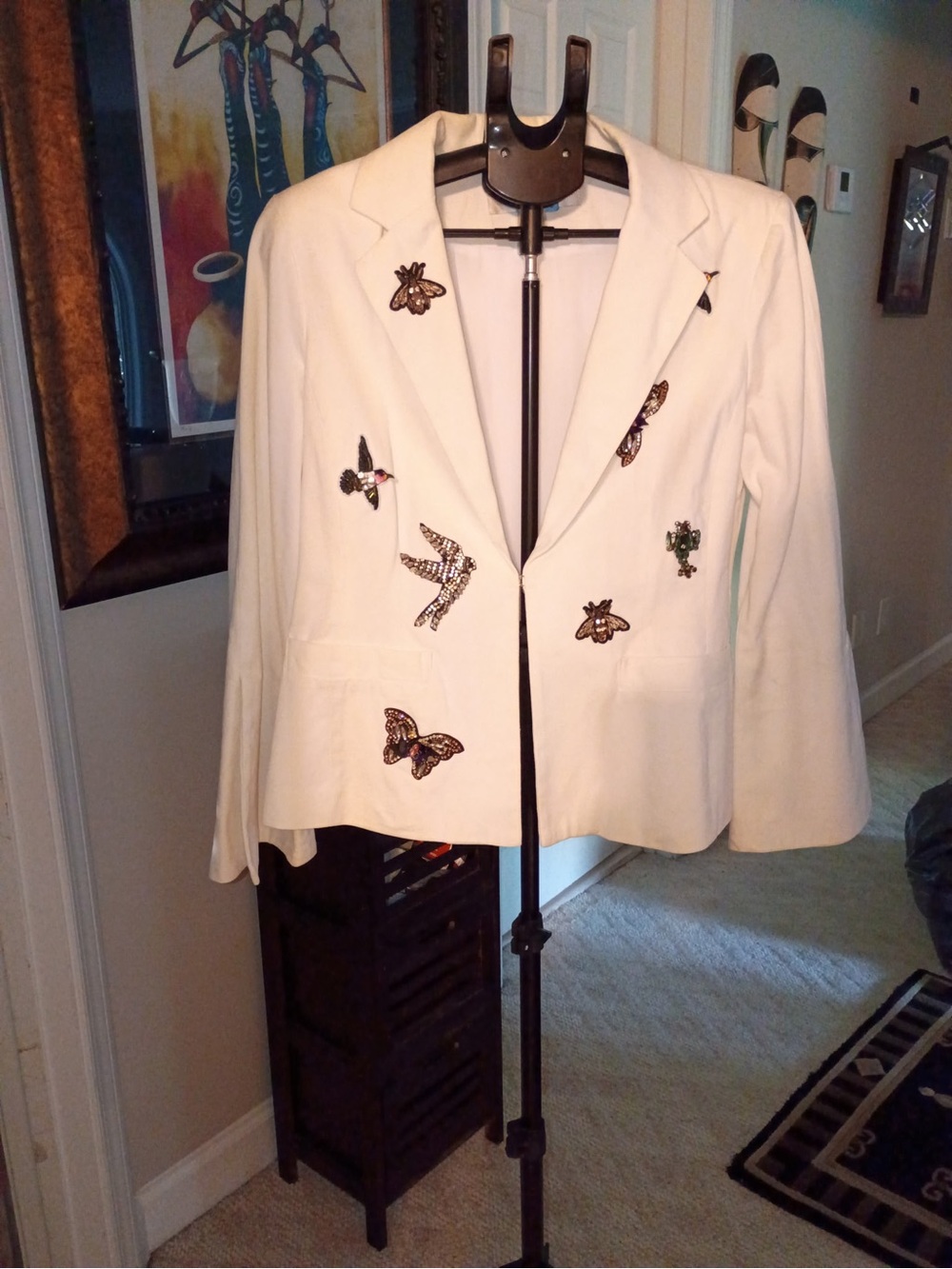 Boston Proper Cream Embellished Women's Blazer Jacket with Beaded Motifs